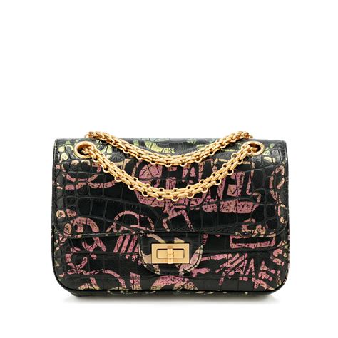 CHANEL Calfskin Crocodile Embossed Graffiti 2.55 Mini Cocodile 